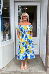 Mustard and Blue Floral Bardot Printed Midi Dress