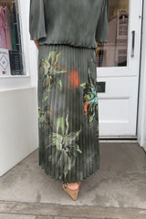 Khaki Green Floral Vneck Printed Maxi Plisse Dress
