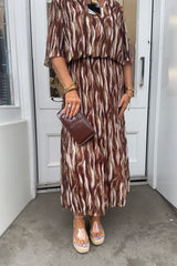 Brown Wavy Vneck Printed Maxi Plisse Dress