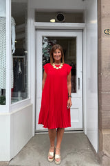 Red Plain Pleated Midi Dress