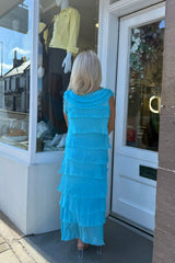 Aqua Sleeveless Tiered Silky Maxi Dress