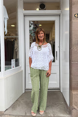 Lime Green And White Candy Stripe Cotton Trousers