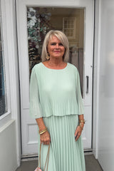 Mint Plain Pastel Vneck Cape Maxi Plisse Dress