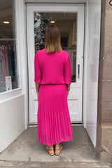 Cerise Pink Plain Vneck Maxi Plisse Dress