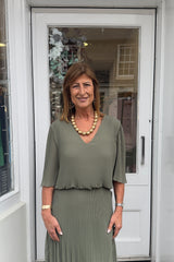 Khaki Green Plain Vneck Maxi Plisse Dress
