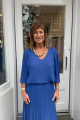 Cobalt Blue Plain Vneck Maxi Plisse Dress