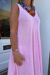 Light Pink Double Vneck Sleeveless Cotton Dress
