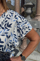 Vneck Cobalt And White Leaf Print Midi Dress