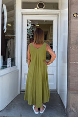 Lime Green Double Vneck Sleeveless Cotton Dress