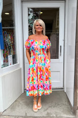 Rainbow Geometric Bardot Printed Midi Dress