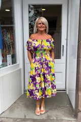 Purple and Yellow Floral Bardot Printed Midi Dress