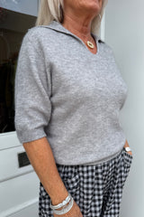 Grey Short Sleeve Knitted Polo Top