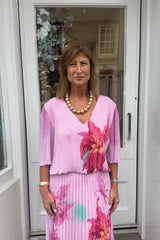Baby Pink Floral Vneck Printed Maxi Plisse Dress