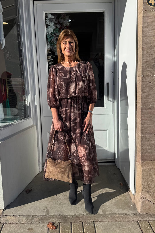 Petra Chocolate Brown and Beige Floral Printed Dress
