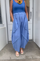 Denim Blue Raw Hem Linen Trousers