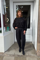 Black Sparkly Flower Embroidered Bubble Hem Blouse