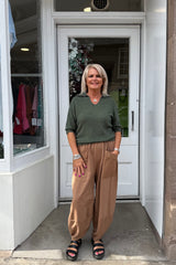 Khaki Green Short Sleeve Knitted Polo Top
