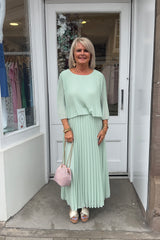 Mint Plain Pastel Vneck Cape Maxi Plisse Dress