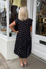 Black Polka Dot Pleated Midi Dress