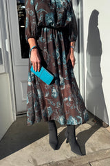 Petra Chocolate Brown and Teal Floral Printed Dress