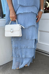 Light Blue Overlay Tiered Silky Maxi Dress