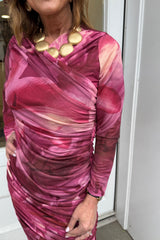 Magenta And Pink Smudge Ruched Mesh Maxi Dress