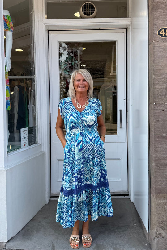 Eden Blue Aztec Print Lace Midi Dress