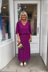 Magenta Plain Vneck Maxi Plisse Dress