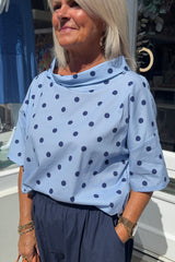 Baby Blue and Navy Polkadot Cowl Neck Top