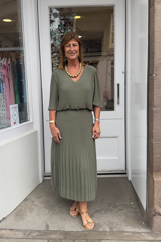 Khaki Green Plain Vneck Maxi Plisse Dress