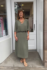 Khaki Green Plain Vneck Maxi Plisse Dress