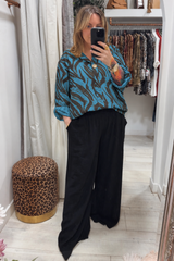 Teal Helen Single Button Tiger Print Top