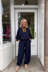 Navy Blue Bessy Crinkle Trouser Set