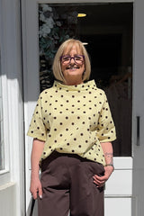 Butter Yellow and Brown Polkadot Cowl Neck Top