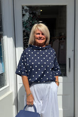 Navy and White Polkadot Cowl Neck Top