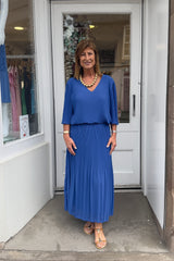 Cobalt Blue Plain Vneck Maxi Plisse Dress
