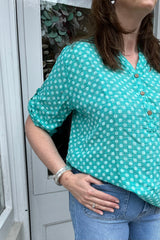 Turquoise Polkadot Cotton Blouse