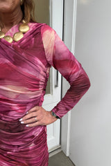 Magenta And Pink Smudge Ruched Mesh Maxi Dress
