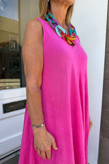 Cerise Pink Double Vneck Sleeveless Cotton Dress