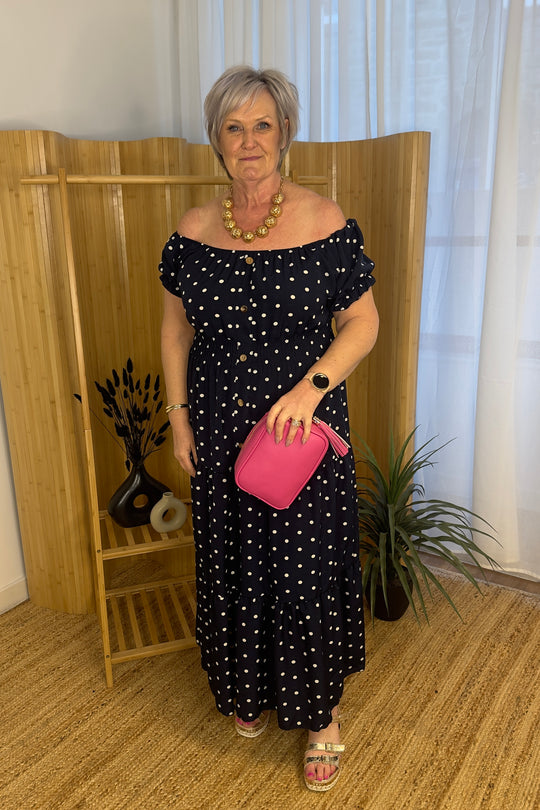 Navy Blue And White Polkadot Maxi Dress
