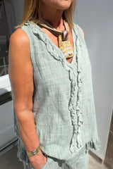 Khaki Green Ava Cotton Sleeveless Frill Top