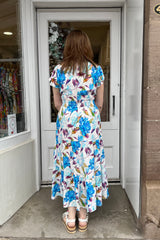 Blue and Purple Floral V-neck Printed Maxi Dress