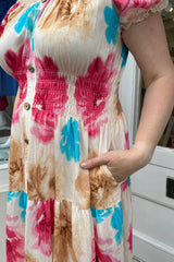 Pink and Teal Tie-Dye Floral Bardot Printed Maxi Dress