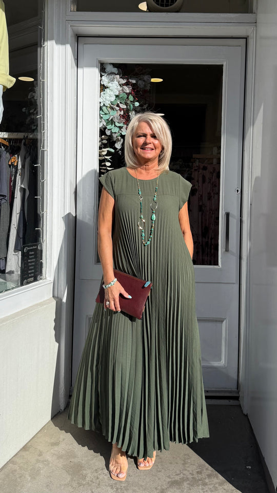 Khaki Green Plain Pleated Maxi Dress