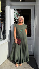 Khaki Green Plain Pleated Maxi Dress