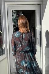 Petra Chocolate Brown and Teal Floral Printed Dress