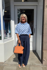 Baby Blue and Navy Polkadot Cowl Neck Top