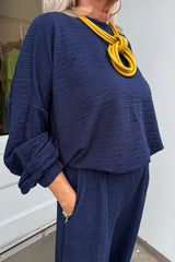 Navy Blue Bessy Crinkle Trouser Set