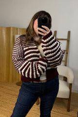 Burgundy And White Chunky Balloon Sleeve Cardigan