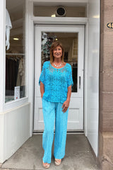 Turquoise And White Candy Stripe Cotton Trousers